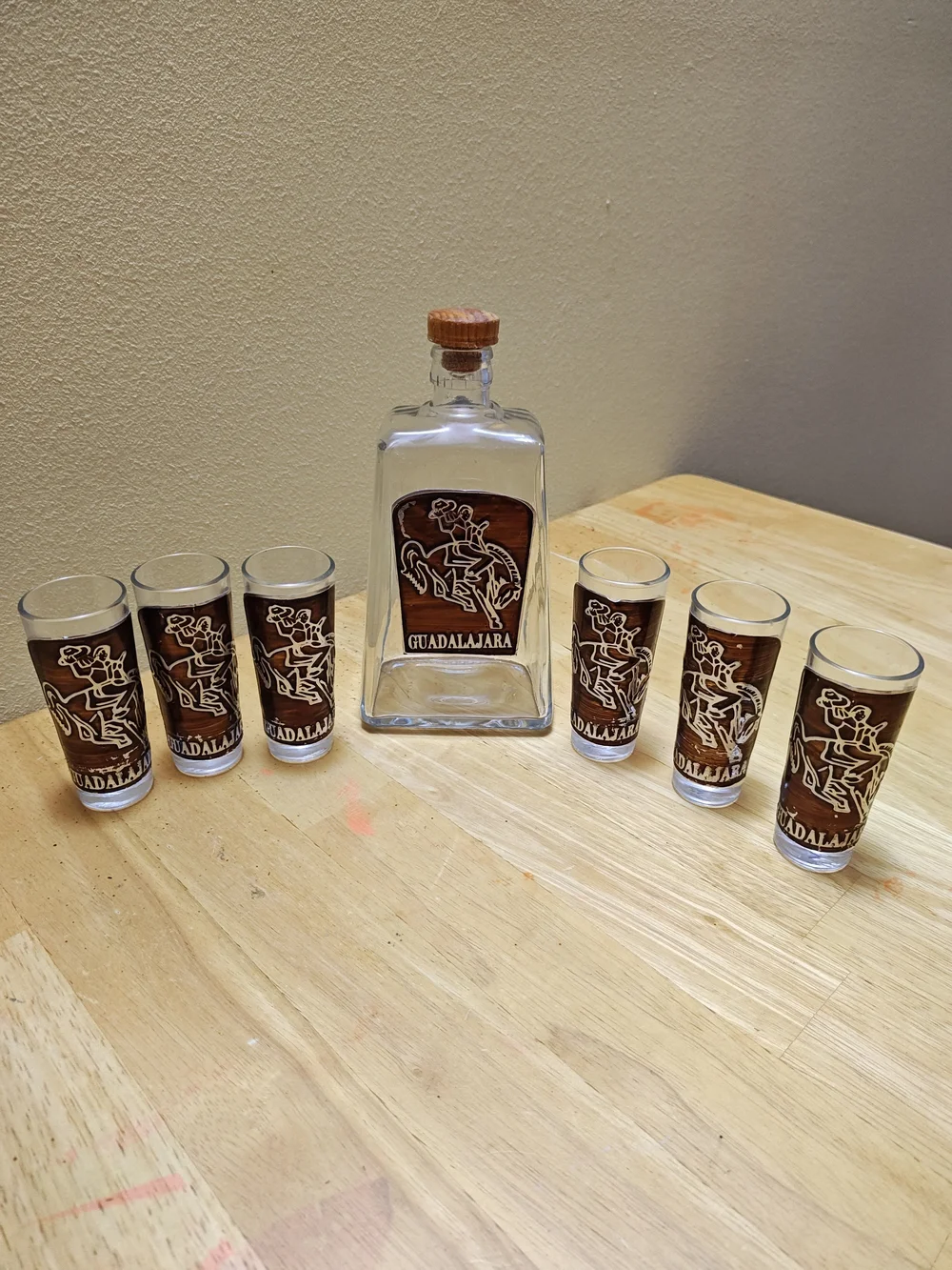 Vintage Guadalajara Tequila Decanter Set with 6 Shot Glasses Wrought Iron Stand